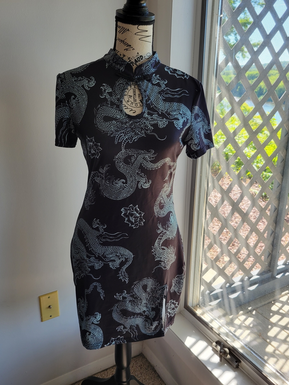 SHEIN Black Midi Dress with Light Blue Dragon Print, Keyhole and Manderin Collar